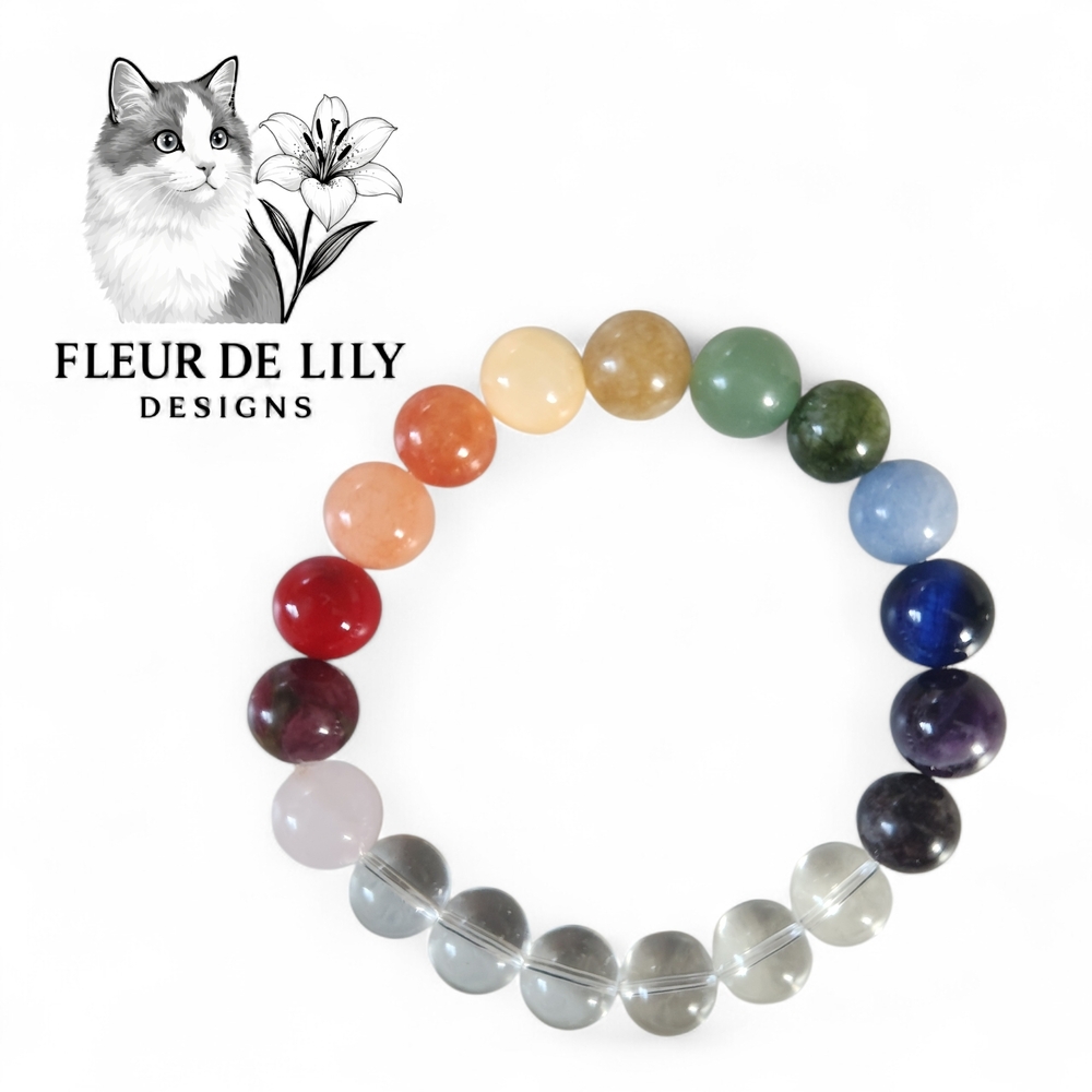 10mm Natural Stone Chakra Rainbow Bracelet With Clear Quartz